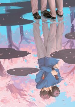 2boys ace_of_diamond black_hair black_shoes blue_jacket cherry_blossoms commentary_request diploma_tube french_kiss glasses grey_pants hands_on_another's_back heise_wanbaolu highres jacket kiss male_focus miyuki_kazuya multiple_boys pants petals pink_petals reflection reflection_focus reflective_liquid sawamura_eijun school_uniform seidou_high_school_uniform shoes short_hair standing standing_on_liquid yaoi