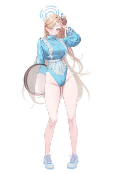 1girl alternate_costume alternate_hairstyle apron asuna_(blue_archive) blue_archive blue_eyes blue_halo blue_jacket blue_leotard blue_ribbon brown_hair commentary frilled_apron frills full_body groin hair_ribbon halo hand_up highleg highleg_leotard highres hip_bones holding holding_tray jacket leotard long_hair looking_at_viewer maid_apron ribbon shoes simple_background smile solo standing starblue symbol-only_commentary tray v very_long_hair white_apron white_background