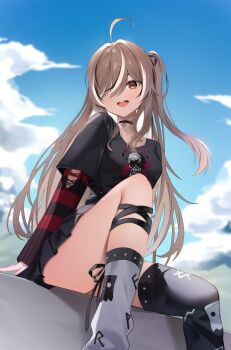 Rule 34 | 1girl, absurdres, ahoge, asymmetrical legwear, belt, black belt, black choker, black hair, black leg warmers, black shirt, brown eyes, brown hair, choker, commentary request, emo fashion, fishnets, hair over one eye, hair ribbon, heart, heart choker, highres, hololive, hololive english, jewelry, leg warmers, light smile, long hair, long sleeves, miniskirt, mismatched legwear, multicolored hair, nanashi mumei, nanashi mumei (emo), necklace, open mouth, outdoors, ribbon, shirt, shirt tucked in, shuvi (shuvi1125), sitting, skirt, solo, streaked hair, striped clothes, teeth, torn clothes, torn sleeves, uneven legwear, upper teeth only, virtual youtuber, white hair, white leg warmers