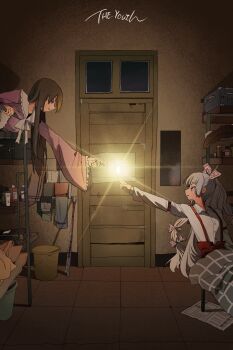 2girls absurdres bed bow brown_hair bunk_bed buttons chenwei_jun chinese_commentary cigarette collared_shirt commentary_request door english_text fine_art_parody fire frilled_sleeves frills fujiwara_no_mokou grey_hair hair_bow hand_up highres holding holding_cigarette houraisan_kaguya indoors leaning lighting_cigarette long_hair long_sleeves looking_at_another looking_to_the_side multiple_girls multiple_hair_bows mundane_utility night pants parody pink_shirt pyrokinesis red_pants shirt sitting sleeve_garter suspenders the_creation_of_adam touhou under_covers very_long_hair white_shirt wide_sleeves