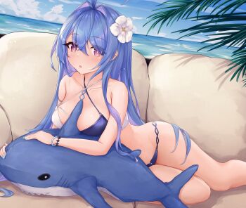 1girl :o absurdres alternate_breast_size azur_lane beach between_breasts bikini blue_hair blue_nails blush breasts day flower groin hair_between_eyes hair_flower hair_ornament helena_(azur_lane) helena_(shimmering_triangle_wave)_(azur_lane) highres hip_focus inflatable_shark inflatable_toy kyl490 large_breasts leaning_on_object long_hair looking_at_viewer lying medium_breasts multicolored_bikini nail_polish ocean on_side on_stomach open_mouth outdoors palm_tree purple_eyes solo staring swimsuit thighs tree two-tone_bikini very_long_hair wet wet_bikini wet_clothes wet_hair wet_swimsuit white_flower