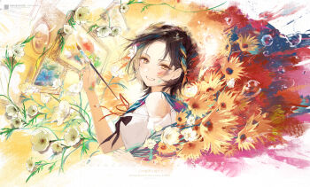 Rule 34 | 1girl, arm cutout, artist name, blue sailor collar, breasts, brown eyes, brown hair, chocoroboco, clothing cutout, colors of pure sense (project sekai), commentary request, english text, flower, from side, grin, hair flower, hair ornament, highres, holding, holding paintbrush, neck ribbon, official alternate costume, official alternate hairstyle, paint splatter, paint splatter on face, paintbrush, parted bangs, picture frame, project sekai, red ribbon, ribbon, sailor collar, shinonome ena, short hair, sideboob, smile, solo, sunflower, tulip, upper body, white flower, yellow flower