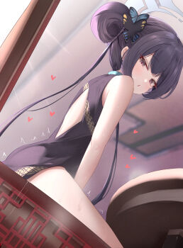 1girl absurdres anal anal_object_insertion ass back_cutout black_dress black_hair blue_archive blurry blurry_background blush butterfly_hair_ornament china_dress chinese_clothes clothing_aside clothing_cutout commentary_request dashed_eyes diamond_cutout dildo dildo_riding double_bun dragon_print dress facing_away female_masturbation flasher_(flasher_ura) from_behind grey_eyes grey_halo hair_bun hair_ornament halo heart heart_in_eye highres indoors kisaki_(blue_archive) large_variant_set loli long_hair looking_at_viewer looking_back masturbation no_panties object_insertion open_mouth pelvic_curtain pelvic_curtain_aside print_dress pussy_juice sex_toy sitting sleeveless sleeveless_dress solo symbol_in_eye trembling twintails variant_set very_long_hair