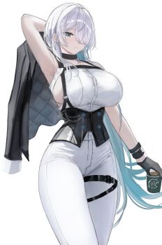 1girl absurdres aqua_hair black_corset black_gloves black_jacket blue_eyes breasts brid_(nikke) brid_(silent_track)_(nikke) chest_harness colored_inner_hair commentary_request corset cup earrings gloves goddess_of_victory:_nikke hair_over_one_eye harness highres holding holding_cup holding_jacket holding_unworn_clothes jacket jewelry korean_commentary large_breasts long_hair mk1387 multicolored_hair official_alternate_costume sideboob sideless_shirt simple_background solo thigh_strap two-tone_hair unworn_jacket very_long_hair white_background
