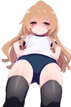 1girl aisaka_taiga annoyed bad_tag black_thighhighs blush brown_hair buruma female_focus hand_on_own_hip highres kukuchi581 loli long_hair looking_at_viewer shirt simple_background solo sportswear standing thighhighs toradora! white_background