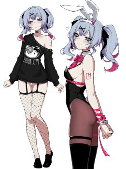 1girl absurdres animal_ears arm_tattoo black_leotard black_ribbon black_thighhighs blue_eyes blue_hair bow bowtie commentary eyelashes fake_animal_ears fishnet_thighhighs fishnets from_side frown full_body garter_straps hair_bow hair_ornament hair_ribbon half-closed_eyes hatsune_miku hello_kitty highres kekel leotard looking_at_viewer meme multicolored_hair multiple_views object_in_bra pink_hair pink_ribbon playboy_bunny rabbit_ears rabbit_hole_(vocaloid) ribbon sanrio simple_background skindentation smile standing tattoo teardrop_facial_mark thighhighs thighs twintails two-tone_hair uzumaki_spiral_head_girl_(meme) vocaloid x_hair_ornament