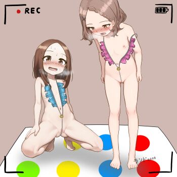 2girls absurdres armpit_crease bikini blush brown_eyes brown_hair feet female_focus flat_chest full_body functionally_nude gluteal_fold highres houjou_(takagi-san) karakai_jouzu_no_takagi-san lander0808 loli micro_bikini multiple_girls nipples open_mouth pussy pussy_peek revealing_clothes slingshot_swimsuit spread_legs standing swimsuit tagme takagi-san toes twister_(game)