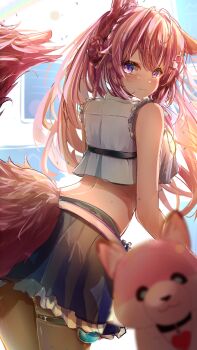 1girl 1other :3 absurdres animal_ears back belt black_skirt blush breasts collared_shirt commentary_request cowboy_shot cropped_shirt eyelashes from_behind hai_0013 hair_between_eyes hair_ornament hairclip hakui_koyori hakui_koyori_(1st_costume) heart_collar highres hololive kokoro_(hakui_koyori) large_breasts leaning_forward long_hair looking_at_viewer medium_breasts miniskirt pink_hair pink_trim purple_eyes shirt shirt_overhang skirt sleeveless sleeveless_shirt smile tail thigh_belt thigh_strap virtual_youtuber white_background white_belt white_shirt wolf wolf_ears wolf_girl wolf_tail