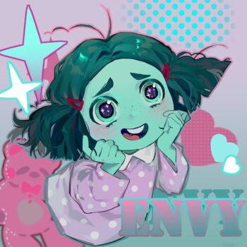 1girl antenna_hair blue_background blue_eyes blue_hair blue_skin blush character_name collared_dress colored_skin disney dress envy_(inside_out_2) freckles gradient_background hair_ornament hairclip hands_on_own_face hands_up heart highres inside_out inside_out_2 kugai697139 long_sleeves open_mouth pixar polka_dot polka_dot_dress purple_background purple_dress short_hair smile solo sparkle sparkling_eyes stuffed_animal stuffed_toy teddy_bear teeth tongue two-tone_background wavy_hair wide_sleeves