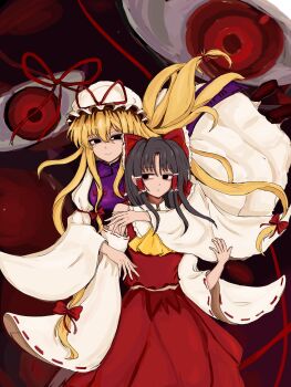 Rule 34 | 2girls, 83mkneinlsqmebq, ascot, blonde hair, bow, brown hair, closed mouth, commentary, detached sleeves, dress, frilled bow, frilled hair tubes, frills, gap (touhou), hair bow, hair tubes, hakurei reimu, hat, hat ribbon, highres, hug, hug from behind, long hair, mob cap, multiple girls, purple tabard, red bow, red ribbon, red skirt, ribbon, ribbon-trimmed sleeves, ribbon trim, skirt, skirt set, smile, tabard, touhou, very long hair, white dress, yakumo yukari, yellow ascot