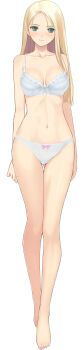 1girl absurdres barefoot blonde_hair blue_bra blue_panties blush bow bow_bra bow_panties bra breasts cleavage closed_mouth collarbone date_wingfield_reiko fault!! feet female_focus full_body gluteal_fold green_eyes groin highres large_breasts legs_together lingerie long_hair looking_at_viewer nail_(hardware) nail_polish navel official_art panties pink_nails seductive_smile shiny_skin smile solo standing thigh_gap toenail_polish toenails toes tony_taka underwear