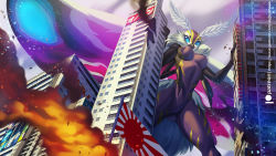 1girl alanscampos arthropod_girl bioluminescence blue_eyes breasts bug building butterfly city curvy destruction glowing glowing_eyes godzilla:_king_of_the_monsters godzilla_(series) highres insect kaiju large_breasts legendary_pictures looking_at_viewer monster_girl monsterverse moth mothra no_nipples personification thick_thighs thighs toho wings