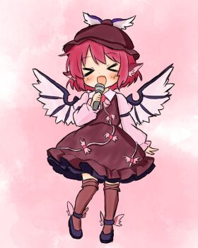 &gt;_&lt; 1girl bird_girl bird_wings black_shoes blush brown_dress brown_hat brown_socks commentary dress feathered_wings full_body hat holding holding_microphone long_sleeves microphone music mystia_lorelei okutog3x pinafore_dress pink_hair pink_shirt shirt shoes short_hair singing sleeveless sleeveless_dress smile socks solo touhou wing_ears wing_hat_ornament wings