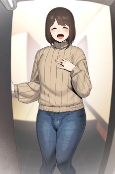 1boy absurdres blue_pants blush brown_hair bulge closed_eyes cowboy_shot denim hand_on_own_chest highres in_(ain) jeans jewelry male_focus mature_male medium_hair mole mole_under_eye open_mouth original pants ring solo sweater trap wedding_ring