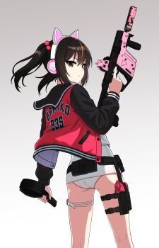 1girl :/ absurdres animal_ear_headphones animal_ears ass bamiko_(nanju_bami) belt belt_pouch black_belt black_hair black_sailor_collar black_sleeves brown_eyes brown_hair cat_ear_headphones cat_ears character_name closed_mouth commentary eotech fake_animal_ears feet_out_of_frame floating_hair from_behind gun hair_between_eyes hair_bobbles hair_ornament handgun headphones highres holding holding_gun holding_weapon holster holstered jacket kriss_vector letterman_jacket long_sleeves multicolored_hair nanju_bami old_school_swimsuit one-piece_swimsuit original pouch red_jacket sailor_collar school_swimsuit shirt simple_background solo standing streaked_hair submachine_gun suppressor swimsuit symbol-only_commentary thigh_holster thigh_strap trigger_discipline turning_head twintails two-tone_hair vertical_foregrip weapon white_background white_one-piece_swimsuit white_shirt