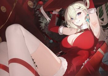 1girl absurdres alternate_costume armpits arms_up black_nails blonde_hair blue_eyes braid braided_bangs breasts cleavage commentary dress earrings english_commentary fingernails hair_between_eyes hair_ornament highres jewelry leppib long_hair looking_at_viewer lynae_(wuthering_waves) nail_polish red_dress skull_hair_ornament smile solo star_(symbol) star_earrings tacet_mark_(wuthering_waves) thighhighs white_thighhighs wuthering_waves