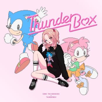 amy_rose ankle_socks aqua_shoes bad_tag black_eyes black_shoes black_sleeves black_sweater blue_fur breasts buckle character_print copyright_name english_text eyes_visible_through_hair gloves gold_buckle green_shirt grey_eyes hair_bobbles hair_intakes hair_ornament hairband helmet laces lips lipstick long_sleeves looking_at_viewer makeup medium_breasts medium_hair narume official_art one_side_up open_mouth orange_shirt own_hands_together pink_background pink_fur pink_hair pixel_art print_sweater puffy_short_sleeves puffy_sleeves red_hairband red_lips red_shoes sega shirt shoe_soles shoes short_sleeves simple_background sitting smile smirk sneakers socks sonic_(series) sonic_the_hedgehog sweater tongue wavy_hair white_gloves white_shoes white_socks