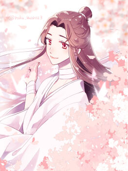 1boy bandaged_neck bandaged_wrist bandages blurry blurry_background blurry_foreground brown_hair bug butterfly cherry_blossoms chinese_clothes closed_mouth falling_petals fduki_maro floating_hair flower hair_bun hair_ribbon half_updo hand_up hanfu highres insect long_hair long_sleeves looking_at_viewer petals pink_flower red_eyes ribbon robe sidelocks single_hair_bun smile solo tianguan_cifu twitter_username upper_body white_butterfly white_hanfu white_ribbon wide_sleeves xie_lian