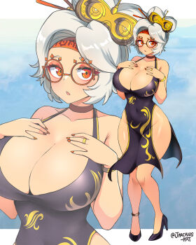 1girl :o absurdres alternate_costume anklet black_dress black_footwear blush breasts cleavage covered_navel dress eyeshadow eyewear_on_head fingernails full_body glasses hair_bun hair_ornament hair_stick hand_on_own_chest high_heels highres jarckius jewelry large_breasts makeup medium_dress nail_polish nintendo orange_hair orange_nails pelvic_curtain pumps purah red-framed_eyewear red_eyeshadow ring round_eyewear sheikah short_hair side_slit solo standing the_legend_of_zelda the_legend_of_zelda:_tears_of_the_kingdom white_hair wide_hips zoom_layer