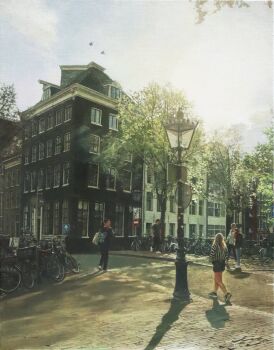 Rule 34 | 2boys, 3girls, apartment, brick floor, day, highres, multiple boys, multiple girls, naohiro ito, original, outdoors, painting (medium), road, road sign, scenery, shadow, sidewalk, sign, street, sunlight, traditional media, traffic mirror, tree, tree shade