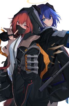 2girls absurdres arknights back-to-back black_gloves black_horns black_jacket blue_eyes blue_hair closed_mouth commentary commission covered_mouth crownslayer_(arknights) english_commentary exoius eyes_visible_through_hair finger_to_mouth fingerless_gloves gloves hair_between_eyes halo highres hood hood_up horns jacket looking_at_viewer mask mostima_(arknights) mouth_mask multiple_girls open_clothes open_jacket red_eyes red_hair short_hair shushing simple_background traditional_halo white_background yellow_halo