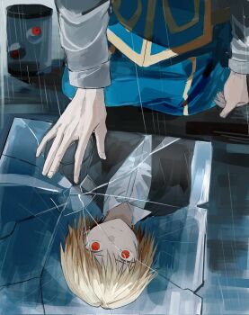 1boy black_jacket blonde_hair blue_tabard broken_mirror chinese_commentary collared_shirt commentary_request disembodied_eye highres hunter_x_hunter jacket kneeling kurapika looking_at_mirror male_focus mirror red_eyes sevenlistening shirt short_hair suit_jacket tabard upper_body white_shirt