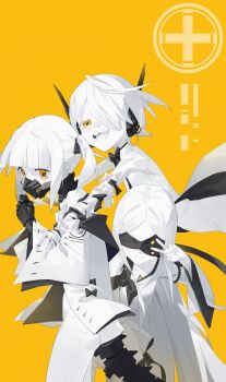 3girls absurdres black_mask black_tail blindfold blonde_hair blue_archive blush coat colored_skin covered_eyes dress ein_(blue_archive) extra_pupils hair_over_one_eye highres li-mi long_hair long_sleeves mask mechanical_hands mechanical_tail medium_hair multiple_girls ohr_(blue_archive) open_mouth respirator science_fiction segmented_tail short_hair simple_background smile sof_(blue_archive) symbol-shaped_pupils tail triplets twintails v white_coat white_hair white_skin white_tongue x-shaped_pupils yellow_eyes