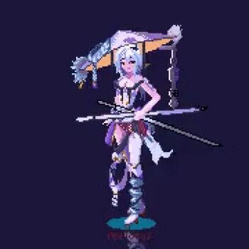 1girl animated animated_gif armor blade clothing_cutout fighting_stance full_body goddess_of_victory:_nikke grey_hair hat holding holding_weapon japanese_armor jingasa large_hat leotard long_hair lowres pixel_art ready_to_draw scarlet_(nikke) sheath sim_(cq2189928737) solo sword ugoira weapon white_leotard