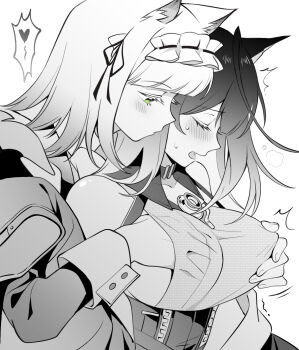 2girls animal_ears arknights bai_xin blush breasts closed_mouth commentary embarrassed fang fingernails frills grabbing_another&#039;s_breast green_eyes groping heart highres kal&#039;tsit_(arknights) long_sleeves maid_headdress medium_breasts mon3tr_(arknights) multiple_girls open_mouth profile short_hair spot_color symbol-only_commentary upper_body yuri