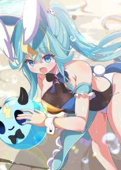 1girl absurdres animal_ears aqua_hair ball bare_shoulders beachball blonde_hair blue_eyes blush breasts bubble cleavage commission highres holding holding_ball holding_beachball large_breasts leotard looking_at_object multicolored_hair multicolored_leotard open_mouth original playboy_bunny ponytail rabbit_ears rabbit_tail shiro9jira skeb_commission smile solo streaked_hair tail