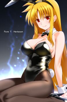 1girl animal_ear_hairband animal_ears black_bow black_bowtie black_leotard black_pantyhose black_shoes blonde_hair blue_eyes bow bowtie breasts bunny_day character_name commentary_request detached_collar engo_(aquawatery) fake_animal_ears fate_testarossa hairband high_heels large_breasts leotard long_hair looking_at_viewer lyrical_nanoha mahou_shoujo_lyrical_nanoha_strikers pantyhose playboy_bunny rabbit_ears rabbit_tail shoes solo strapless strapless_leotard tail wrist_cuffs