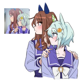 2girls animal_ears anime_screenshot_inset blue_eyes bow bowtie brown_hair commentary_request derivative_work ear_covers green_hair horse_ears horse_girl king_halo_(umamusume) long_hair long_sleeves looking_to_the_side multiple_girls protected_link purple_shirt red_eyes reference_inset sailor_collar sailor_shirt school_uniform screenshot_inset seiun_sky_(umamusume) shirt short_hair simple_background single_ear_cover tracen_school_uniform umamusume unseuking0427 white_background white_bow white_bowtie