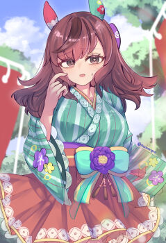 1girl absurdres animal_ears blue_sky blush bow_sash breasts brown_eyes brown_hair cloud cloudy_sky commentary day ear_covers floral_print_sleeves flower green_kimono heart heart-shaped_pupils highres horse_ears horse_girl horse_tail japanese_clothes kimono long_hair looking_at_viewer mismatched_ear_covers multicolored_hair neopi nice_nature_(converging_wishes)_(umamusume) nice_nature_(umamusume) official_alternate_costume official_alternate_hairstyle open_mouth outdoors purple_flower red_sash red_skirt sash skirt sky solo streaked_hair striped_clothes striped_kimono sweat symbol-shaped_pupils tail umamusume vertical-striped_clothes vertical-striped_kimono wide_sleeves