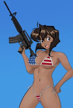 Rule 34 | absurdres, american flag, american flag bikini, american flag print, ar-15, assault rifle, bikini, flag print, flag print bikini, gun, gunsmith cats, highres, holding, holding gun, holding weapon, judetheobscured, m4 carbine, non-web source, print bikini, rally vincent, rifle, swimsuit, weapon