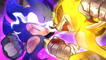 2boys 3511vo animal_ears animal_nose black_fur black_sclera blood_on_clothes colored_sclera dark_sonic feet_out_of_frame fighting fighting_stance fleetway_super_sonic gloves glowing glowing_eyes hedgehog highres looking_at_another multiple_boys no_pupils open_mouth red_eyes ringed_eyes sega sharp_teeth short_tail smile snout socks sonic_(series) sonic_the_comic sonic_the_hedgehog sonic_x super_sonic tail teeth white_gloves white_socks yellow_fur