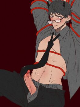 Rule 34 | 1boy, arms behind head, black necktie, bound, crooked eyewear, demon horns, dream effect, erection, grey male underwear, gusion (what in hell is bad), horns, male underwear, necktie, penis, precum, precum through clothes, rope, simple background, unbuttoned, underwear, what in hell is bad