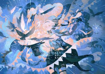 1girl absurdres bird black_bird black_gloves black_hat blue_hairband blue_theme cloud dress floating_hair gloves hairband hat highres holding holding_wand lang_ji original short_hair solo standing string_of_flags top_hat wand watermark white_bird white_hair