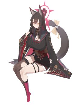 1girl absurdres animal_ear_fluff animal_ears arm_at_side asymmetrical_legwear black_flower black_gloves black_kimono black_panties black_shirt blue_archive blush bow breasts brown_bow brown_hair brown_thighhighs commentary fang fingerless_gloves fishnet_thighhighs fishnets floral_print flower fox_ears fox_girl fox_tail full_body gloves grey_sailor_collar groin hair_between_eyes hair_flower hair_ornament hair_ribbon halo hand_in_own_hair hand_up highres invisible_chair japanese_clothes kimono kneehighs kurowanjjyang large_breasts long_hair looking_at_viewer low-tied_sidelocks mismatched_legwear neck_flower neck_tassel no_shoes obi obijime panties parted_lips pink_halo pink_socks print_kimono red_ribbon ribbon sailor_collar sash shirt short_kimono side_slit sidelocks simple_background sitting skin_fang sleeves_past_fingers sleeves_past_wrists smile socks solo tail tail_bow tail_ornament tail_raised tassel thigh_strap thighhighs torn_clothes torn_thighhighs underwear very_long_hair wakamo_(blue_archive) white_background wide_sleeves yellow_eyes yellow_flower