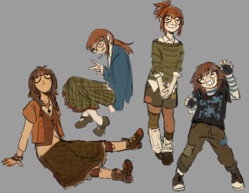 1girl boots colgatehater grey_background grin jewelry long_hair multiple_views necklace original shirt skirt smile