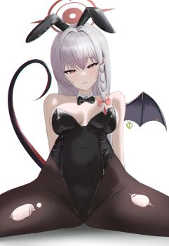 1girl absurdres alternate_costume animal_ear_hairband animal_ears arms_behind_back bare_shoulders black_bow black_bowtie black_hairband black_leotard black_pantyhose blue_archive blush bow bowtie braid breasts breasts_apart cameltoe collarbone covered_navel cowboy_shot crossed_bangs demon_girl demon_tail demon_wings detached_collar eyelashes fake_animal_ears fine_fabric_emphasis grey_hair groin hair_between_eyes hair_bow hair_intakes hairband halo haruna_(blue_archive) highleg highleg_leotard highres large_breasts leotard liiigang long_hair looking_at_viewer pantyhose parted_lips piercing pink_bow playboy_bunny rabbit_ear_hairband rabbit_ears red_eyes red_halo simple_background single_braid single_wing sitting smile solo spread_legs straight-on straight_hair strapless strapless_leotard tail tail_raised torn_clothes torn_pantyhose tsurime white_background wing_piercing wings