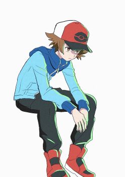 1boy baseball_cap black_pants blue_jacket brown_eyes brown_hair full_body hat highres hilbert_(pokemon) int168 jacket long_sleeves looking_to_the_side male_focus nintendo pants poke_ball_print pokemon pokemon_bw red_hat red_shoes shoes short_hair simple_background sitting solo white_background