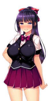 1girl black_hair blunt_bangs blush bow bowtie breasts clenched_teeth cowboy_shot game_cg hair_bow hand_on_own_hip high_ponytail kisaragi_nozomi large_breasts large_variant_set long_hair looking_at_viewer miniskirt non-web_source nose_blush official_art pleated_skirt ponytail purple_eyes purple_hair purple_skirt red_bow red_skirt satou_kuuki school_uniform shinsou_seiki_elementia shirt short_sleeves sidelocks skirt solo standing teeth transparent_background variant_set vest