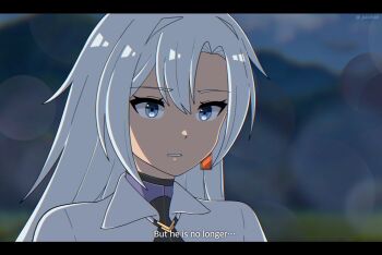 1girl a_(xenoblade) artist_name asymmetrical_bangs blue_eyes blurry blurry_background commentary core_crystal_(xenoblade) earrings english_commentary english_text eyelashes grey_hair hair_between_eyes highres jewelry letterboxed long_hair parted_bangs parted_lips pax_(seo7h) single_earring solo subtitled twitter_username xenoblade_chronicles_(series) xenoblade_chronicles_3 xenoblade_chronicles_3:_future_redeemed