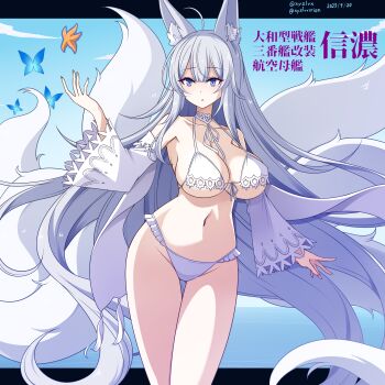 Rule 34 | 1girl, absurdres, ahoge, animal ear fluff, animal ears, azur lane, bikini, blue butterfly, blue sky, breasts, bug, butterfly, character name, cleavage, commentary request, fox ears, fox girl, fox tail, hebitsukai-san, highres, insect, kitsune, kyuubi, large breasts, large tail, long hair, long sleeves, multiple tails, navel, official alternate costume, purple eyes, shinano (azur lane), shinano (dreamy white sands) (azur lane), sky, solo, starfish, swimsuit, tail, translation request, very long hair, white bikini, white hair, white tail