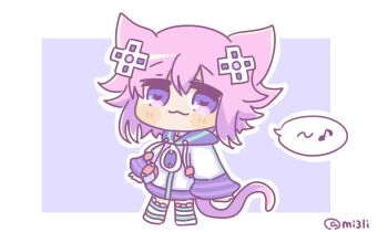 1girl animal_ears artist_name cat_ears cat_girl choker d-pad d-pad_hair_ornament hair_ornament mi3li musical_note neptune_(neptunia) neptune_(series) parka purple_eyes purple_hair short_hair simple_background striped_legwear white_background