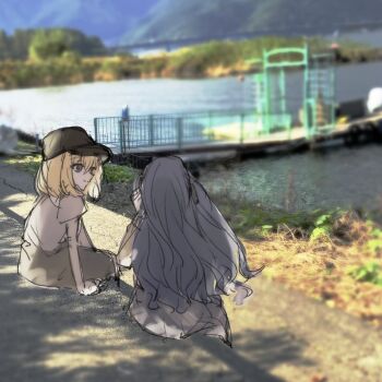 Rule 34 | 2girls, bang dream!, bang dream! it's mygo!!!!!, baseball cap, black hat, black ribbon, blonde hair, blue hair, commentary request, crossed bangs, grey skirt, hair between eyes, hair ribbon, hat, long hair, medium hair, misumi uika, multiple girls, outdoors, photo background, purple eyes, ribbon, setou (bpdne), shirt, short sleeves, sitting, skirt, togawa sakiko, white shirt, yamanashi prefecture