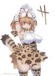Rule 34 | 1girl, animal ears, armpits, black hair, blonde hair, blush, bow, bowtie, breasts, elbow gloves, extra ears, gloves, hanging breasts, kemono friends, large breasts, nyororiso (muyaa), open mouth, print bow, print bowtie, serval (kemono friends), serval print, shirt, short hair, skirt, sleeveless, sleeveless shirt, smile, tail, thick thighs, thighhighs, thighs