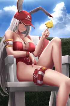 Rule 34 | 1girl, absurdres, animal ears, azur lane, bare shoulders, baseball cap, blue sky, breasts, chair, cleavage, collarbone, eko.art, fake animal ears, food, hat, highleg, highleg one-piece swimsuit, highres, large breasts, lifeguard, lifeguard chair, long hair, looking at viewer, manjuu (azur lane), one-piece swimsuit, popsicle, pouch, prinz heinrich (azur lane), prinz heinrich (rabbit on watch) (azur lane), rabbit ears, red eyes, red hat, red one-piece swimsuit, sitting, sky, smile, solo, swimsuit, thigh pouch, thighs, very long hair, whistle, whistle around neck, white hair