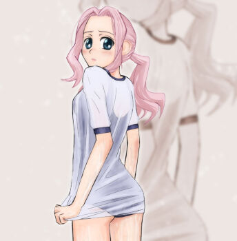 Rule 34 | 1girl, alternate costume, blue eyes, blush, breasts, commentary request, cowboy shot, darry adai, hair intakes, long bangs, long hair, looking at viewer, looking back, nyurupon, pink hair, ponytail, school swimsuit, see-through clothes, shirt tug, small breasts, solo, swimsuit, swimsuit under clothes, tengen toppa gurren lagann, wet, zoom layer