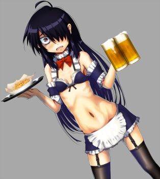1girl ahoge alcohol beer beer_mug black_hair black_thighhighs bow brown_eyes commentary_request cup flat_chest frills frown garter_straps highres holding holding_tray izumozaki_neneko long_hair maid miniskirt mojyo mug navel onimushi_hyogo open_mouth red_bow ribs shironagasu-tou_e_no_kikan skirt standing tearing_up thighhighs tray very_long_hair waitress